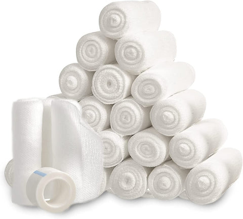 24 Pack - 4 inch by 4 yards Gauze Bandage Roll with Free Bonus Tape