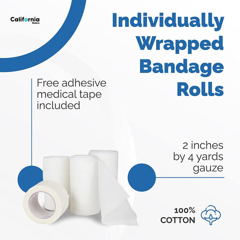 48 Pack - 2 inch by 4 yards Gauze Bandage Roll with Free Bonus Tape