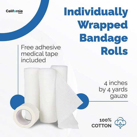 48 Pack - 4 inch by 4 yards Gauze Bandage Roll with Free Bonus Tape